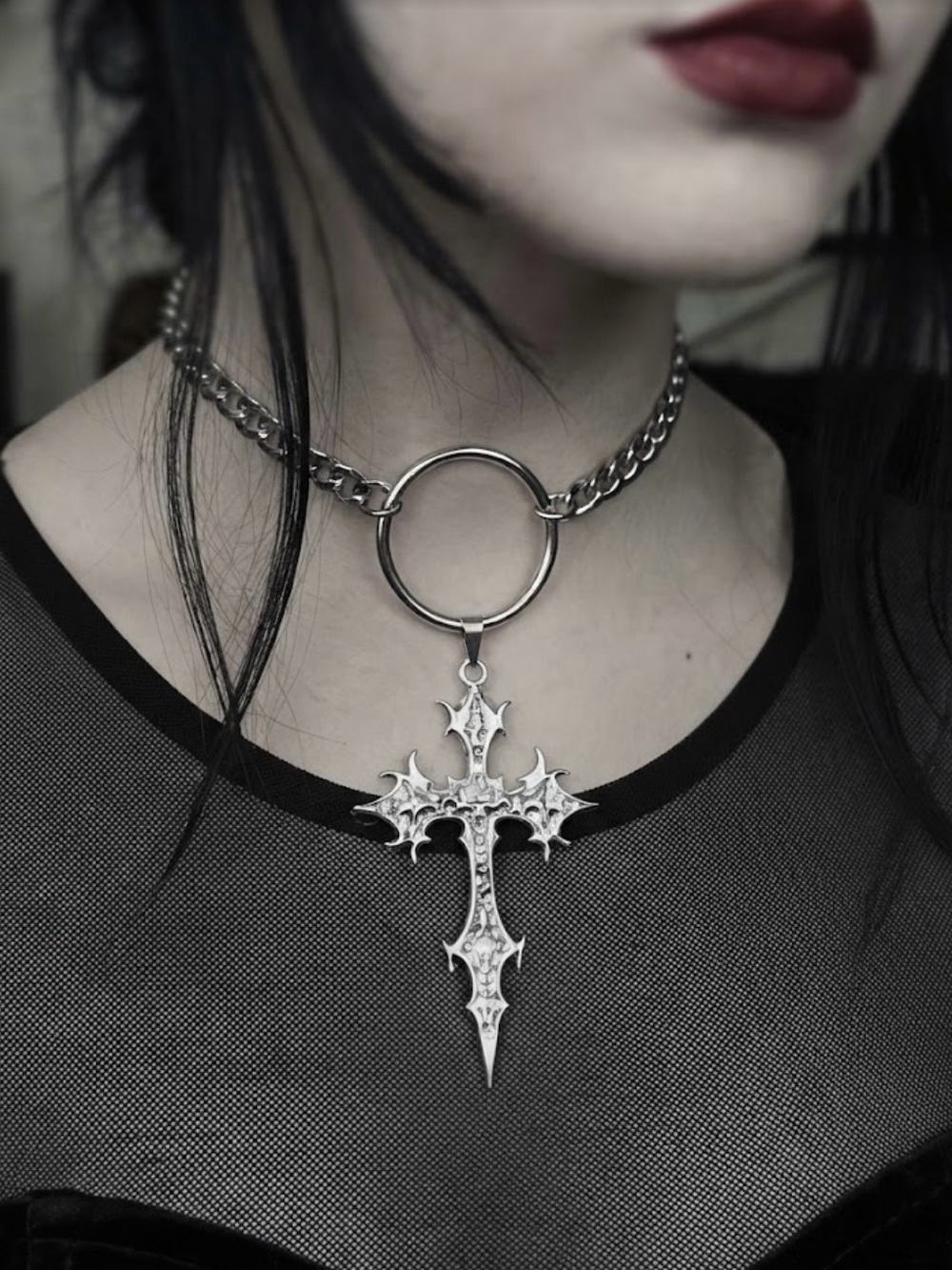 Hand Crafted Silver Gothic Cross Pendant Choker Necklace